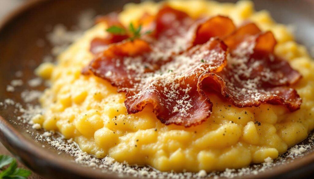 Ingrédients pour une polenta gratinée au gorgonzola et pancetta ultra croustillante