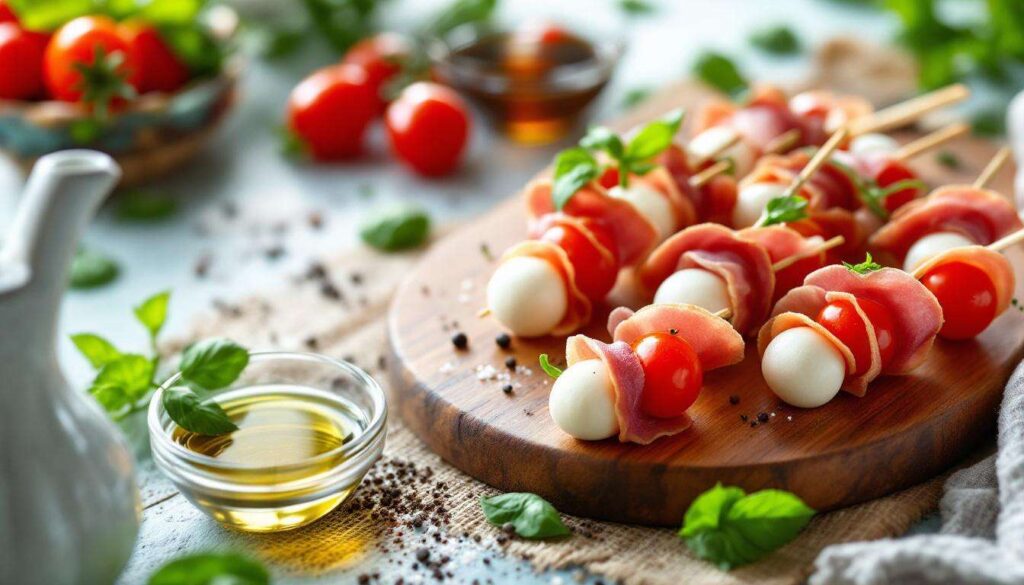 Mini-brochettes tomate cerise, mozzarella et charcuterie : l’apéro prêt en 10 minutes