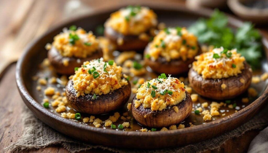 Champignons farcis au four, à l’ail et aux fines herbes : l’apéro chaud, fondant et délicieusement croustillant