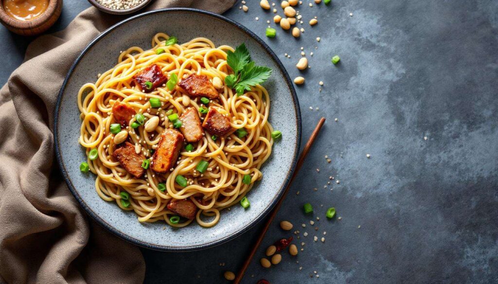 Nouilles udon au porc et aux arachides