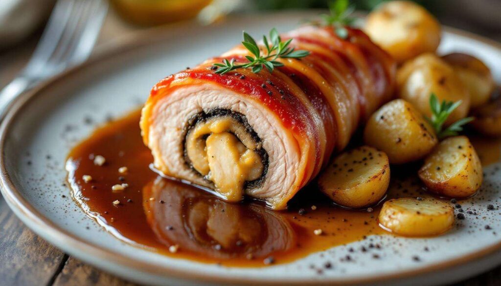 Filet de porc farci enrobé de bacon, sauce gastrique, pomme de terre Monte-Carlo