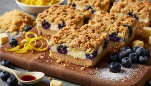 Carrés myrtilles ricotta crumble : recette gourmande