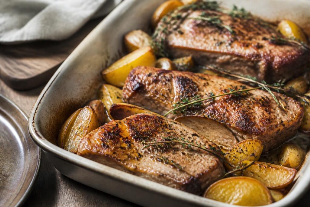Côtes de porc au four dorées et moelleuses dans un plat en céramique, avec herbes de Provence et oignons caramélisés