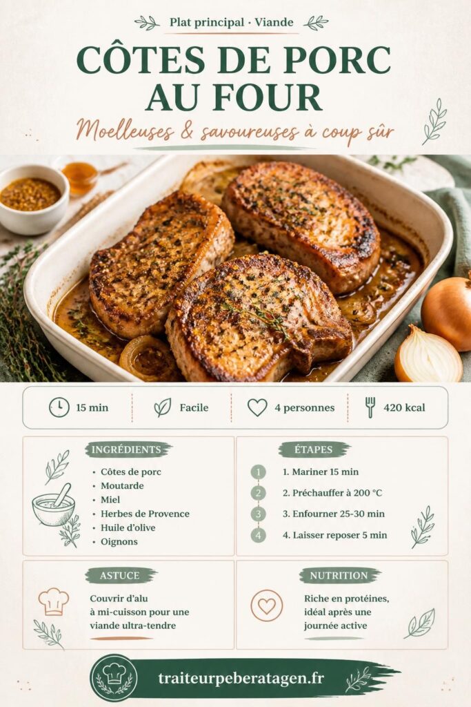 Côtes de porc au four moelleuses sur lit d'oignons, badigeonnées de marinade moutarde-miel