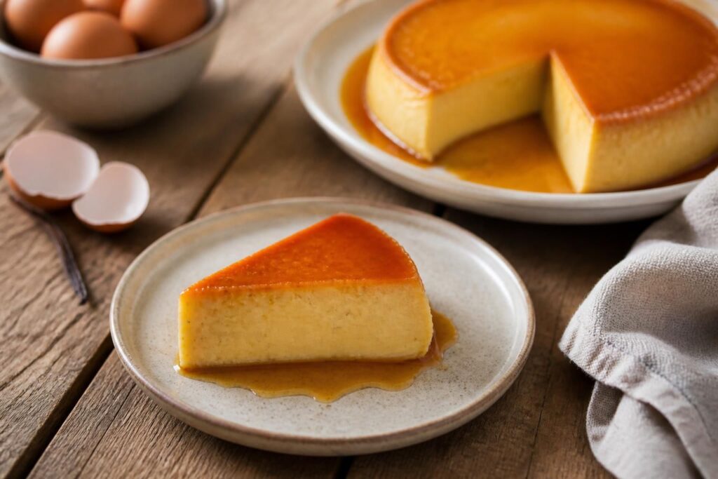 Flan aux œufs à l'ancienne démoulé sur une assiette blanche, nappé de caramel doré maison, fond de table en bois rustique