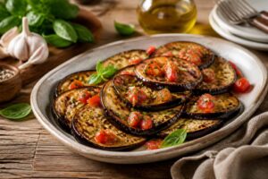 Aubergines grillées au four à l'italienne, dorées et nappées d'huile d'olive, garnies de parmesan râpé et de feuilles de basilic frais, servies dans un plat en céramique