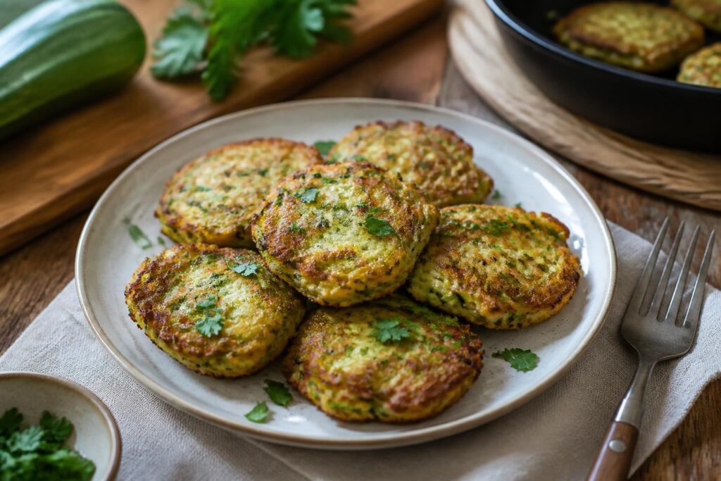 Beignets de courgettes à la poêle dorés et croustillants, servis sur papier absorbant avec une sauce yaourt aux herbes