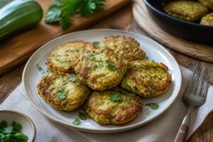 Beignets de courgettes à la poêle dorés et croustillants, servis sur papier absorbant avec une sauce yaourt aux herbes