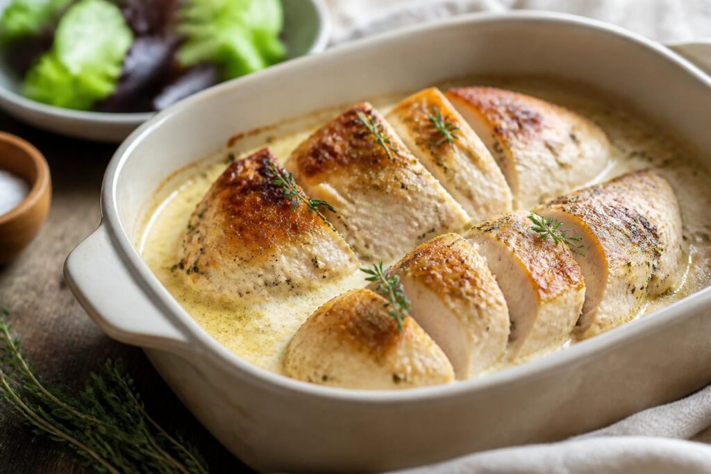 Blanc de poulet moelleux au four, tranché sur une planche en bois, nappé d'une sauce aux herbes et accompagné de légumes rôtis, lumière naturelle
