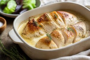 Blanc de poulet moelleux au four, tranché sur une planche en bois, nappé d'une sauce aux herbes et accompagné de légumes rôtis, lumière naturelle