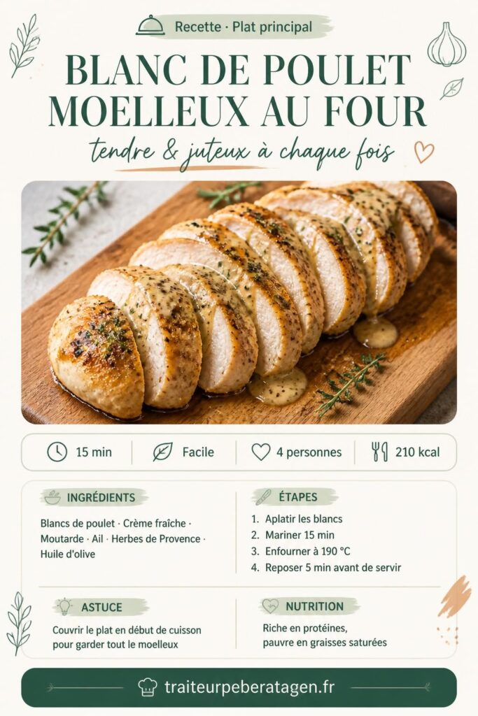 Blanc de poulet moelleux au four tranché, sauce aux herbes, sur planche en bois