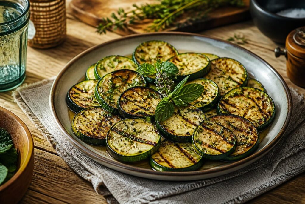 Courgettes au four dorées, disposées sur une plaque recouverte de papier sulfurisé, parsemées de parmesan râpé et de thym frais