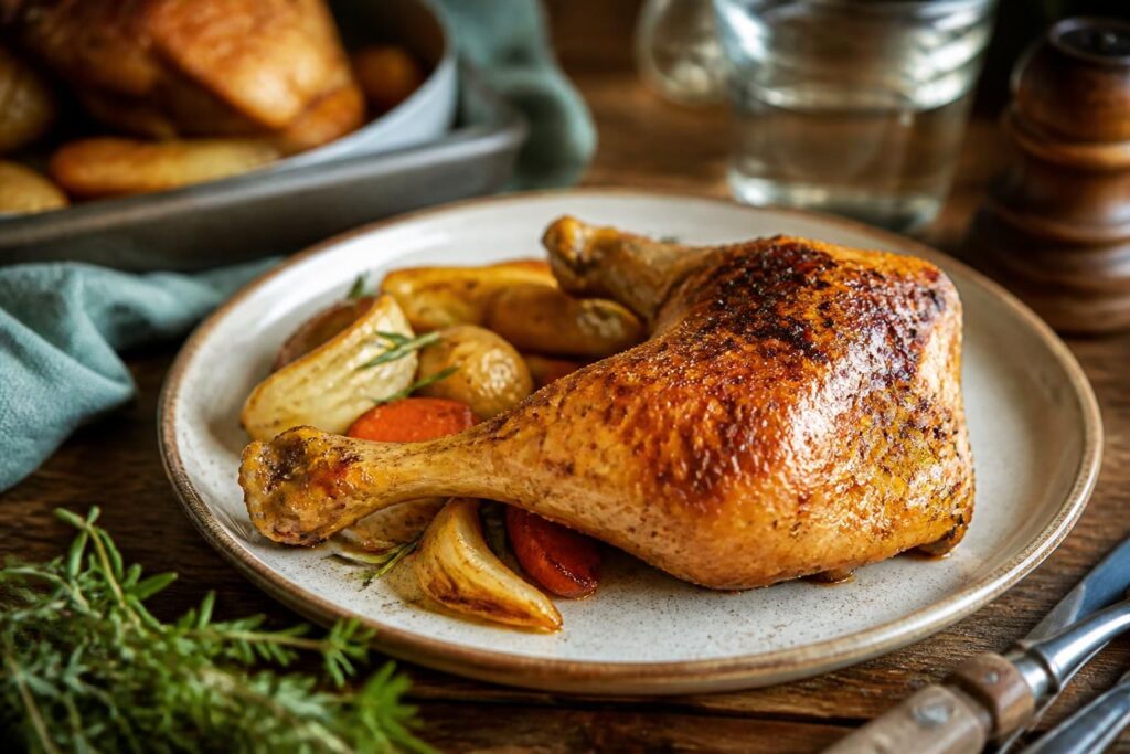Poulet rôti au four doré et croustillant sur un plat à rôtir, entouré d'herbes de Provence, de citron et d'ail, prêt à être servi