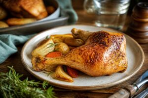 Poulet rôti au four doré et croustillant sur un plat à rôtir, entouré d'herbes de Provence, de citron et d'ail, prêt à être servi