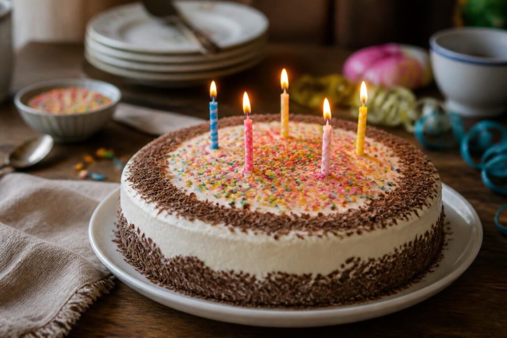 Gâteau d'anniversaire facile et pas cher décoré de fruits frais et de bougies colorées, posé sur une table en bois