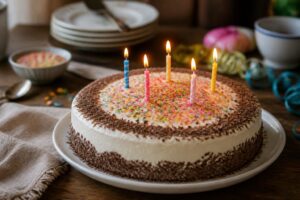 Gâteau d'anniversaire facile et pas cher décoré de fruits frais et de bougies colorées, posé sur une table en bois