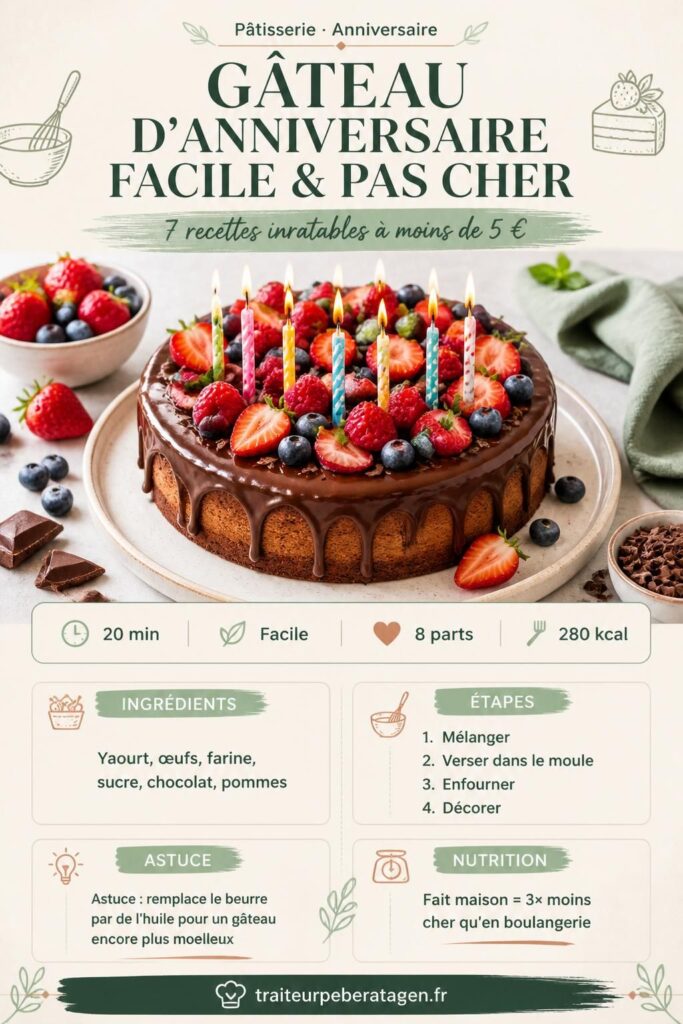 Gâteau d'anniversaire facile et pas cher décoré de fruits frais et de bougies colorées