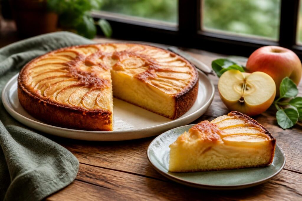 Gâteau au yaourt aux pommes de Cyril Lignac, tranché sur une assiette en céramique blanche, avec des morceaux de pommes dorés et une texture moelleuse visible