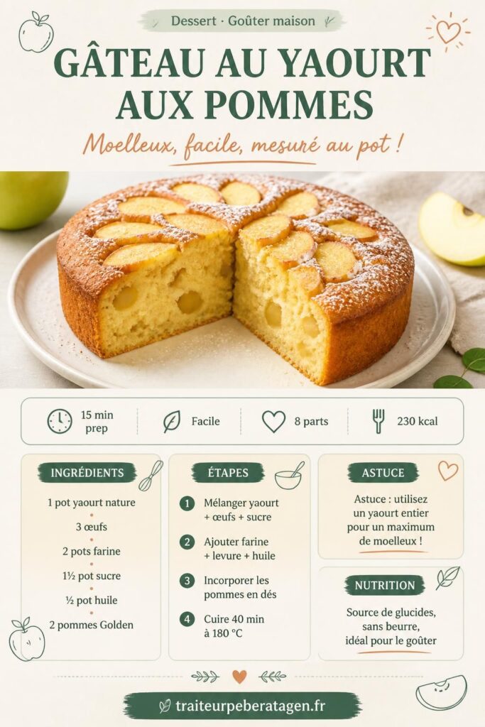 Gâteau au yaourt aux pommes de Cyril Lignac, moelleux et doré, sur une assiette en céramique blanche