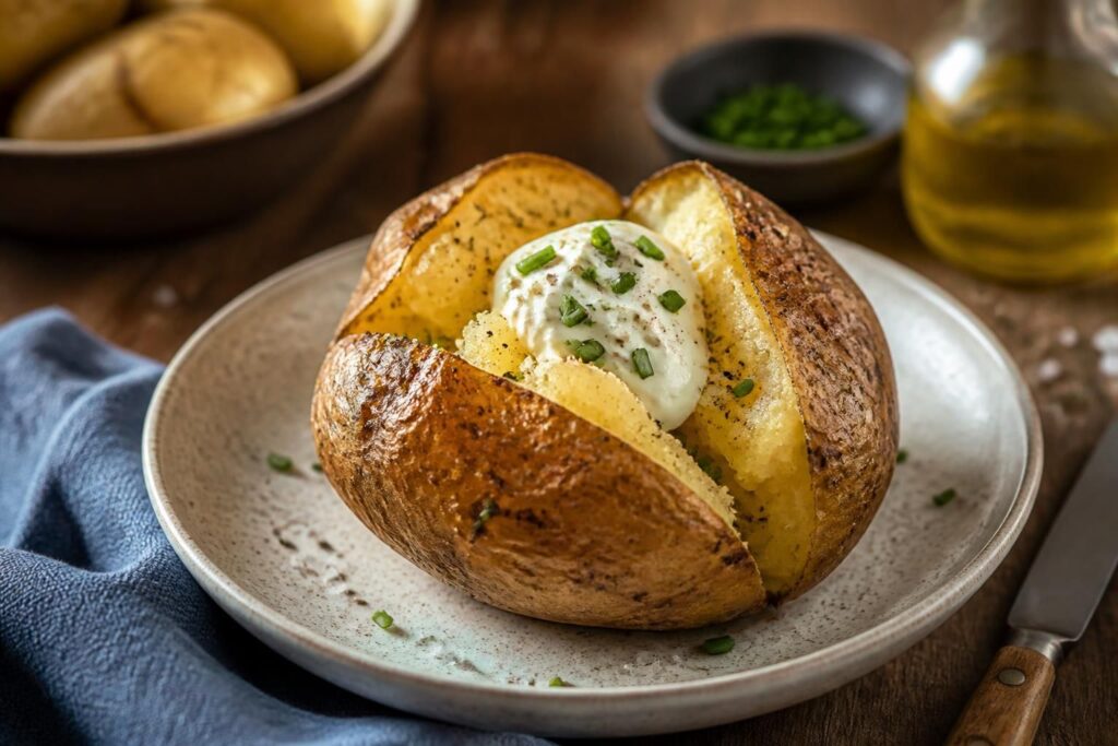 Pommes de terre au four dorées et croustillantes, servies dans un plat en céramique avec des herbes de Provence et un filet d'huile d'olive