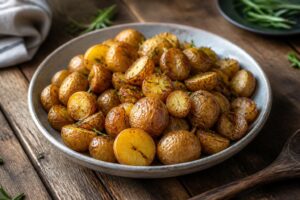Pommes de terre grenaille au four croustillantes, dorées, assaisonnées au romarin et à l'ail, dans un plat en fonte sur fond de table en bois