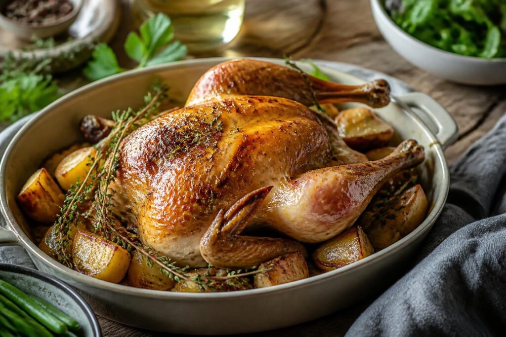 Poulette au four entière, dorée et croustillante, servie dans un plat à rôtir avec des légumes de saison et des herbes fraîches