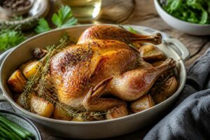 Poulette au four entière, dorée et croustillante, servie dans un plat à rôtir avec des légumes de saison et des herbes fraîches