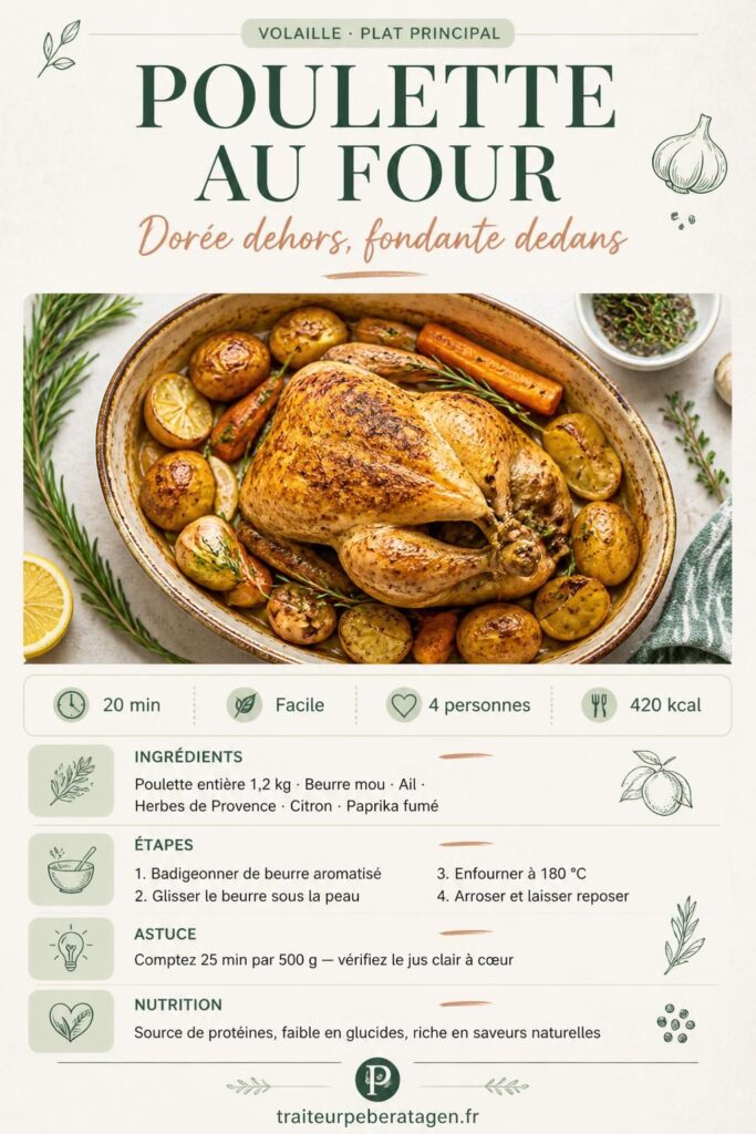 Poulette au four dorée et croustillante avec légumes rôtis, recette facile et inratable
