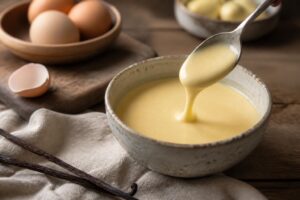 Crème anglaise maison versée sur une île flottante, texture onctueuse et dorée, vanille visible