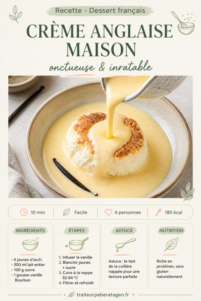 Crème anglaise maison onctueuse à la vanille Bourbon, servie sur île flottante
