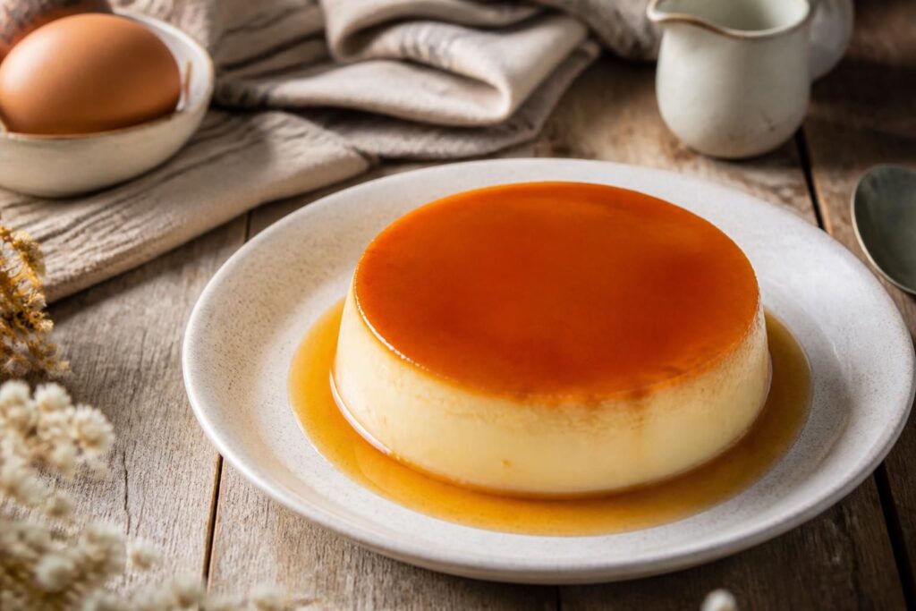 Crème caramel de grand-mère démoulée sur une assiette blanche, nappée de caramel doré coulant, avec une gousse de vanille à côté