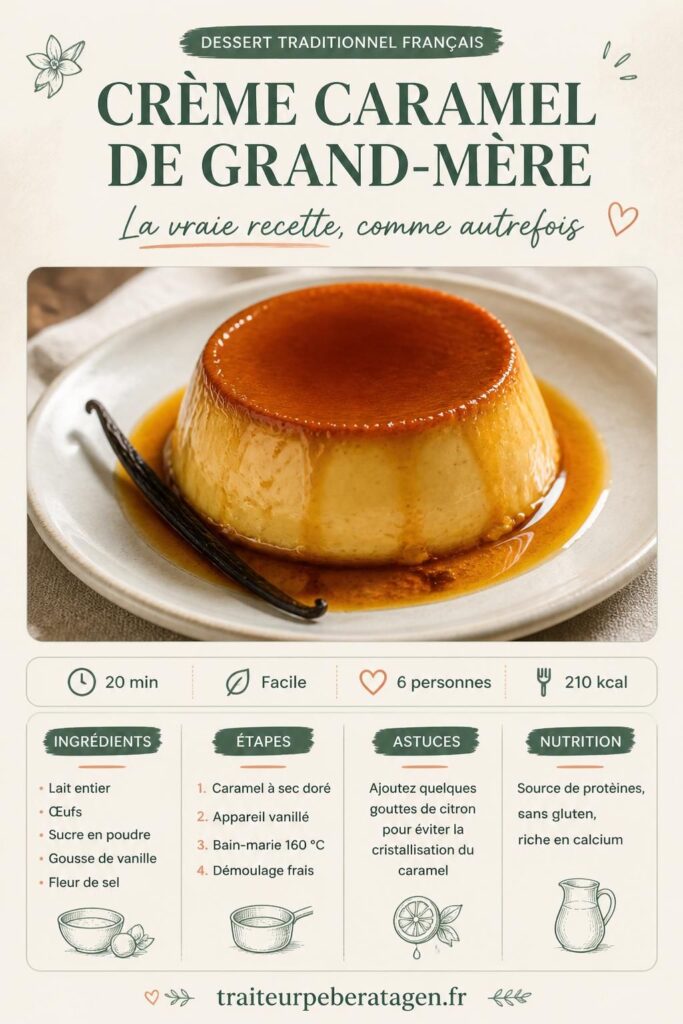 Crème caramel de grand-mère démoulée sur assiette blanche avec caramel doré coulant