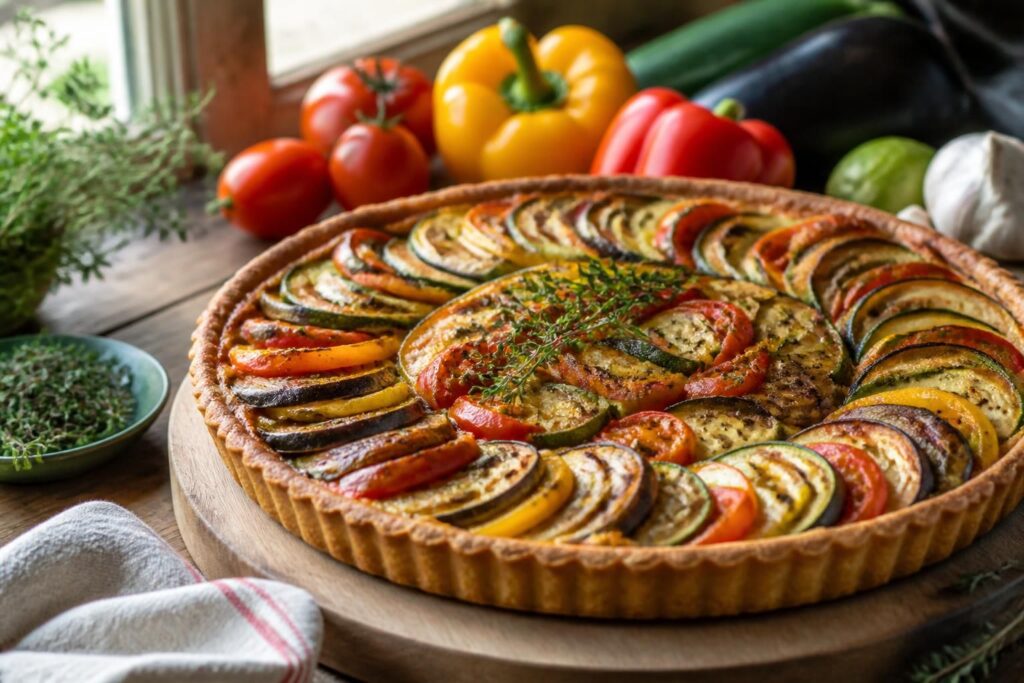 Tarte aux légumes maison dorée sortant du four, garnie de courgettes, tomates et poivrons sur fond crème-œufs, photographiée sur une table en bois clair