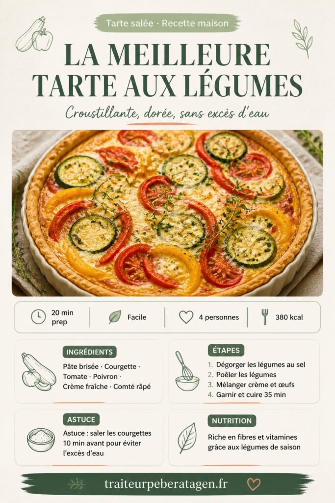 Épingle Pinterest : tarte aux légumes maison dorée avec courgettes, tomates et poivrons, fond crème-œufs croustillant