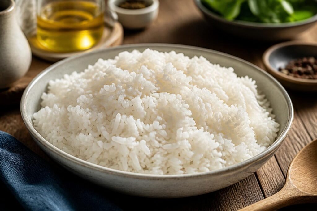 Bol de riz blanc cuit au micro-ondes, grains bien séparés, vapeur légère, sur un plan de travail en bois clair avec un plat en Pyrex à côté