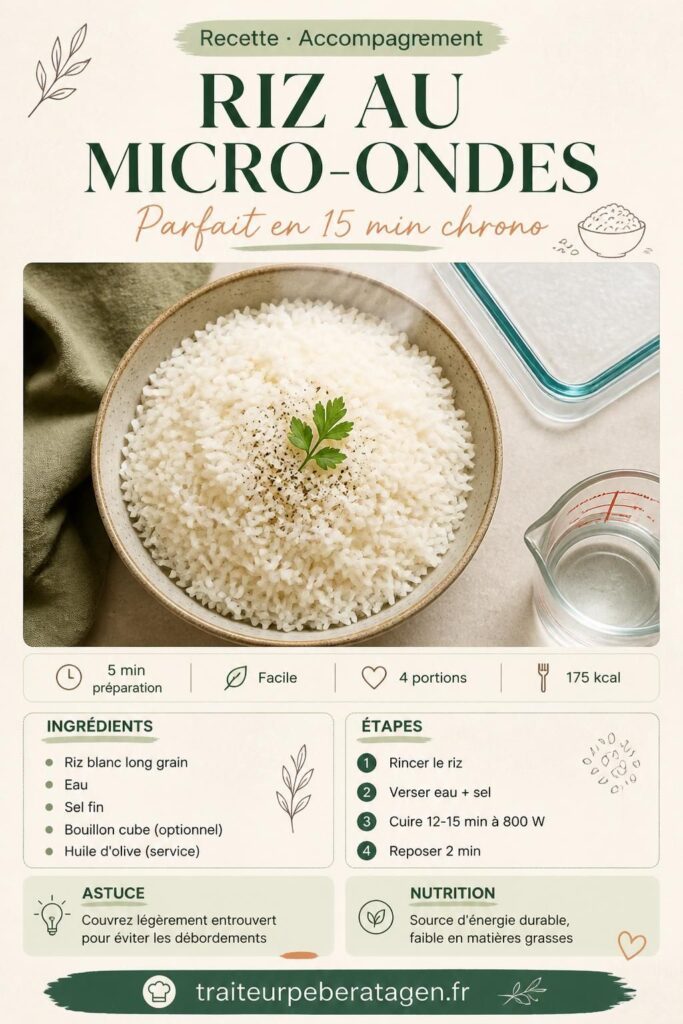 Riz au micro-ondes parfait, grains séparés, dans un bol blanc avec un plat en Pyrex