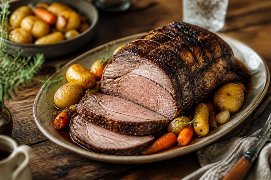 Rôti de bœuf au four tranché sur une planche en bois, jus de cuisson doré, accompagné de thym frais et d'ail rôti