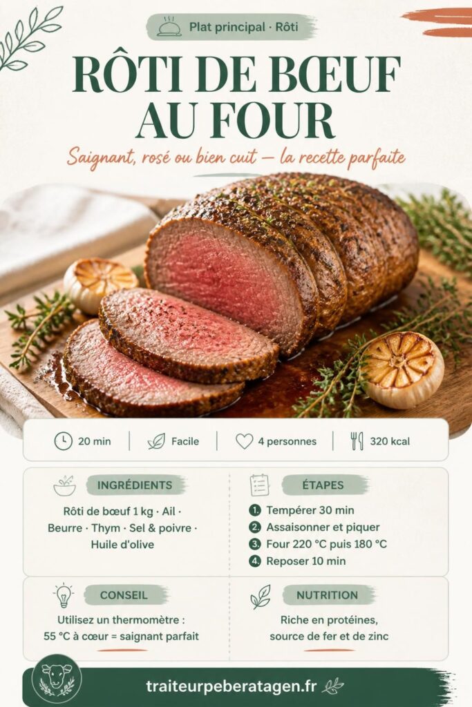 Rôti de bœuf au four tranché, jus doré, thym frais et ail rôti sur planche en bois