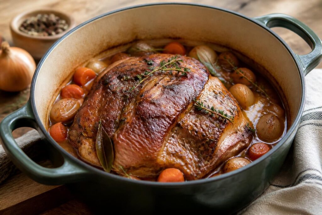 Rouelle de porc mijotée en cocotte en fonte, entourée de carottes, d'oignons et de lardons, avec un jus de cuisson doré et brillant
