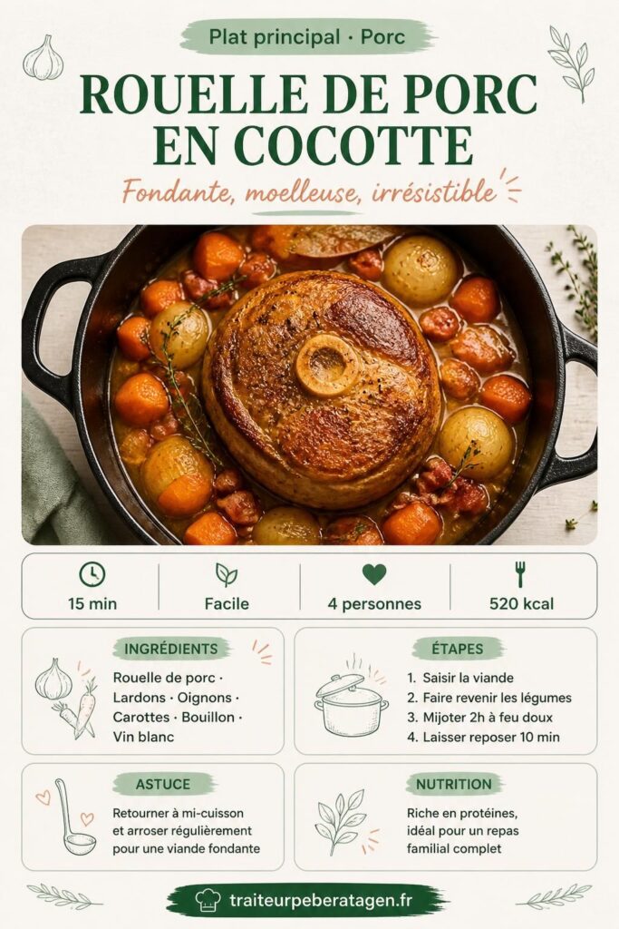 Rouelle de porc en cocotte fondante, mijotée avec carottes, oignons et lardons