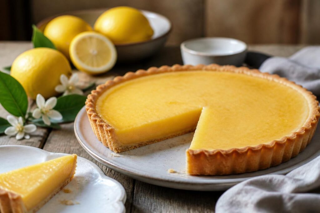 Tarte au citron meringuée de grand-mère sur un plat en céramique blanche, vue de dessus, crème jaune vif et meringue dorée au chalumeau