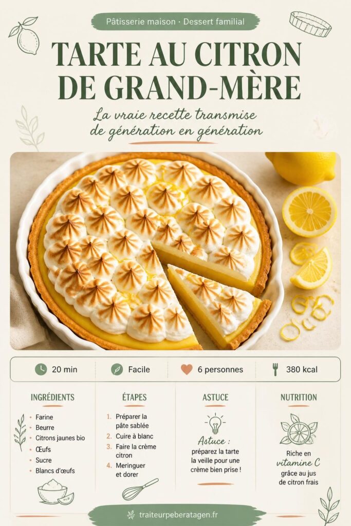 Tarte au citron meringuée de grand-mère sur fond bois, vue de dessus, crème jaune et meringue dorée au chalumeau