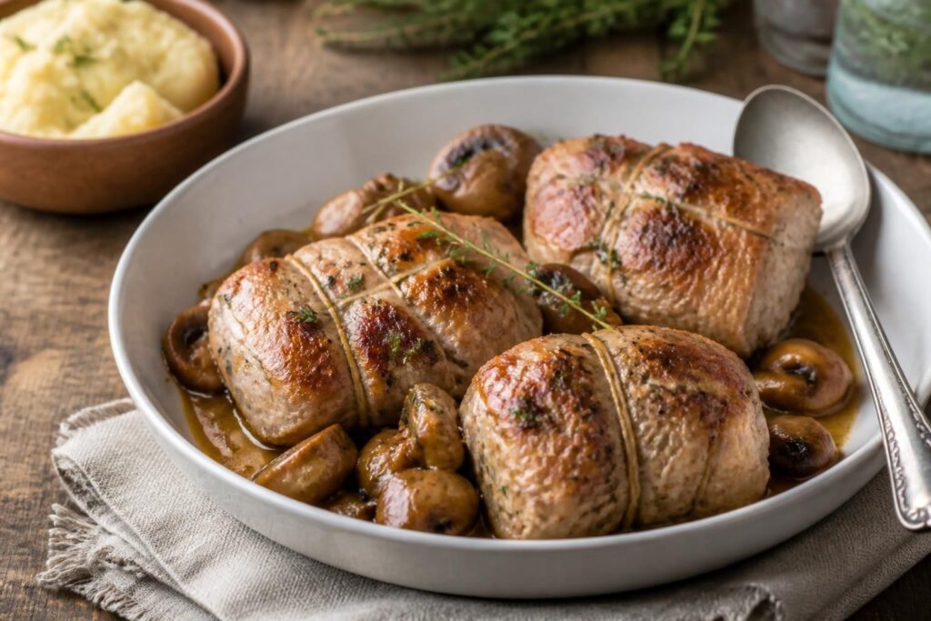 Paupiettes de porc dorées en cocotte en fonte, nappées d'une sauce brune aux champignons, servies dans un plat rustique