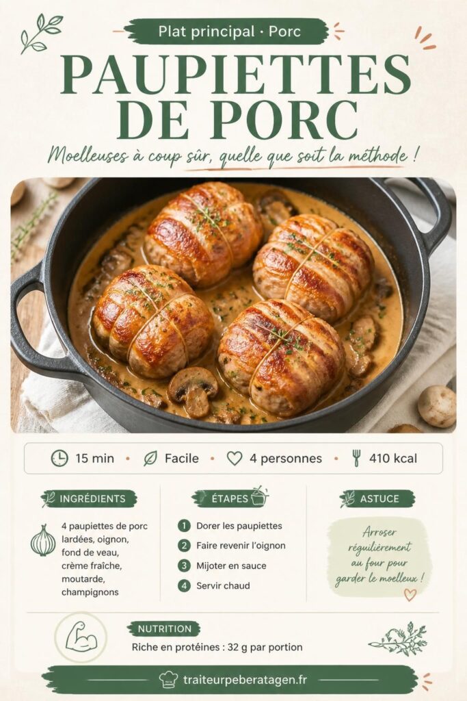 Paupiettes de porc en cocotte, sauce brune aux champignons et crème, recette facile