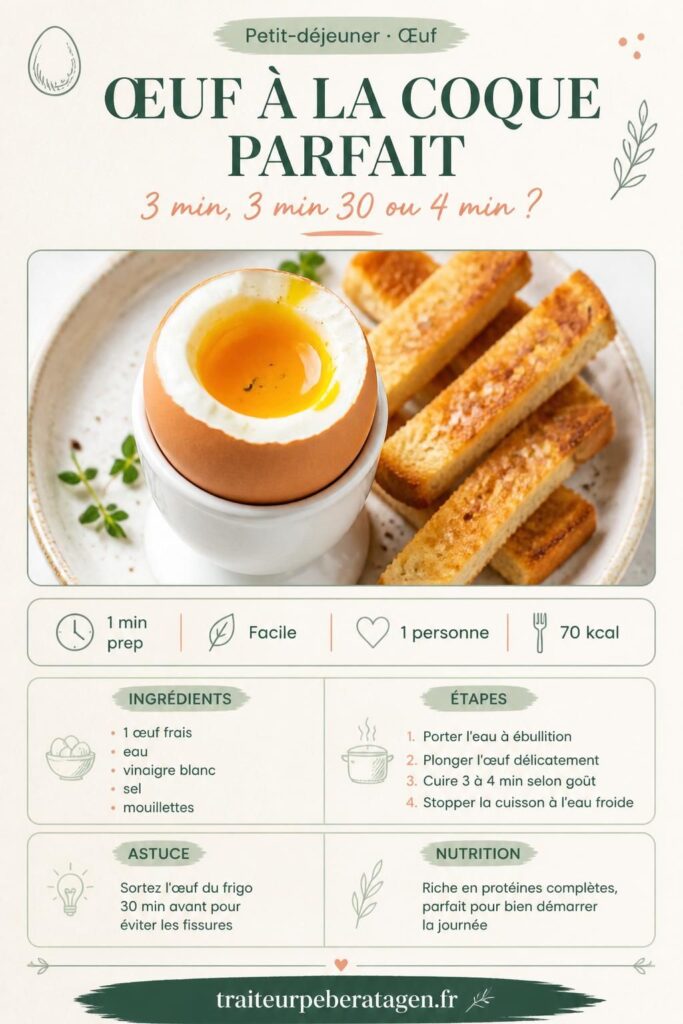 Infographie Pinterest : temps de cuisson de l'œuf à la coque, comparatif 3 min 3 min 30 et 4 min