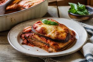 Tranches d'aubergine au four dorées et fondantes sur une plaque de cuisson, assaisonnées à l'huile d'olive, à l'ail et aux herbes de Provence