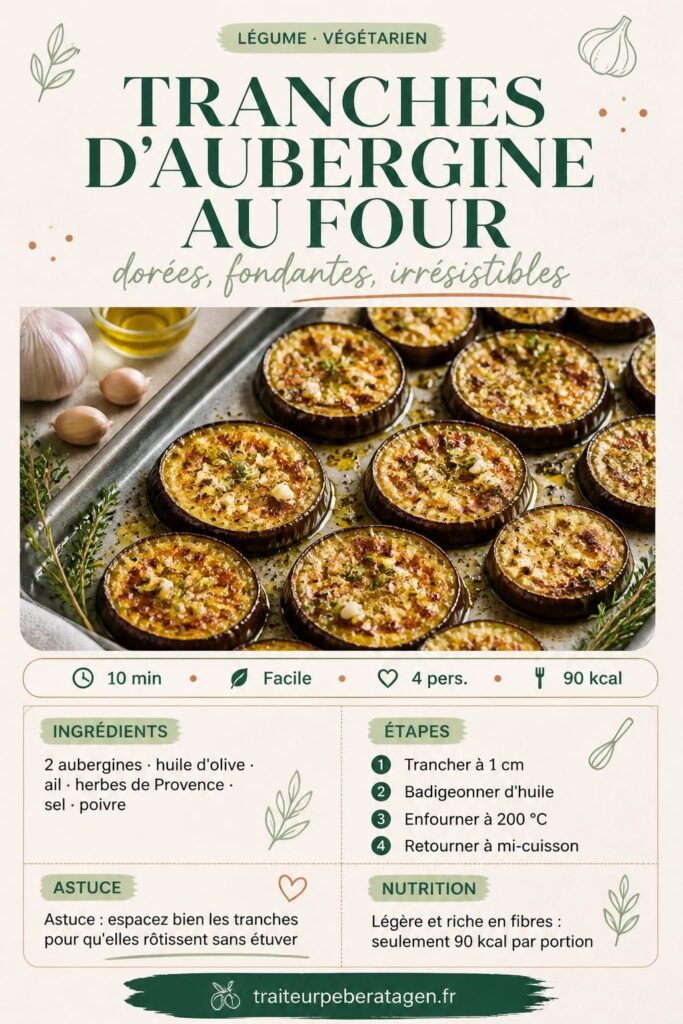 Tranches d'aubergine au four dorées à l'huile d'olive et aux herbes de Provence, sur plaque de cuisson