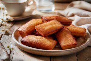 Financiers maison dorés sur les bords et moelleux au centre, posés sur une grille en bois avec de la poudre d'amandes et un ramequin de beurre noisette